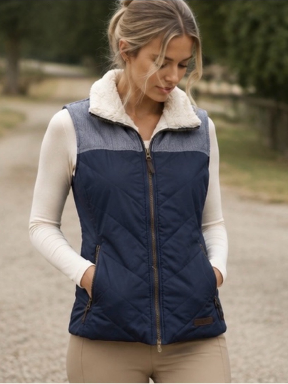 G.H. Bass Navy Quilted Herringbone Sherpa Collar Puffer Vest Women’s M